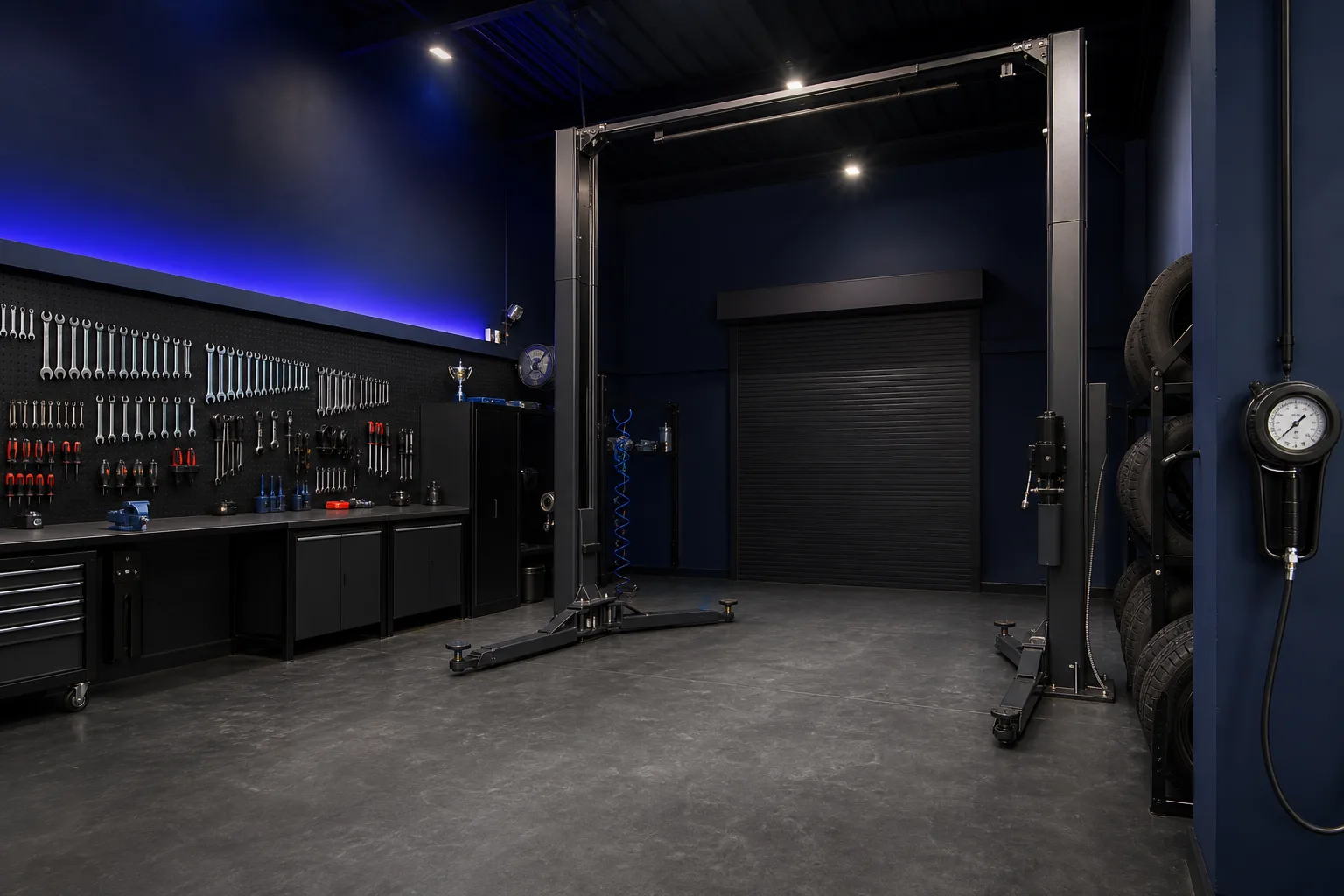 Innenausstattung einer Garagenbox mit Werkzeugwand und Hebebühne — about-garage-equipment.webp 1200x800 Pixel